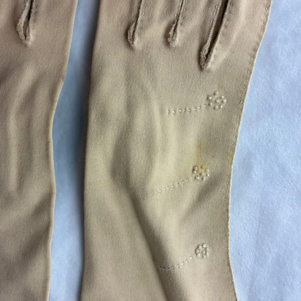 Dawnelle Vintage Ladies 6 Gloves 100% Double Woven Cotton Mid Length Fawn READ